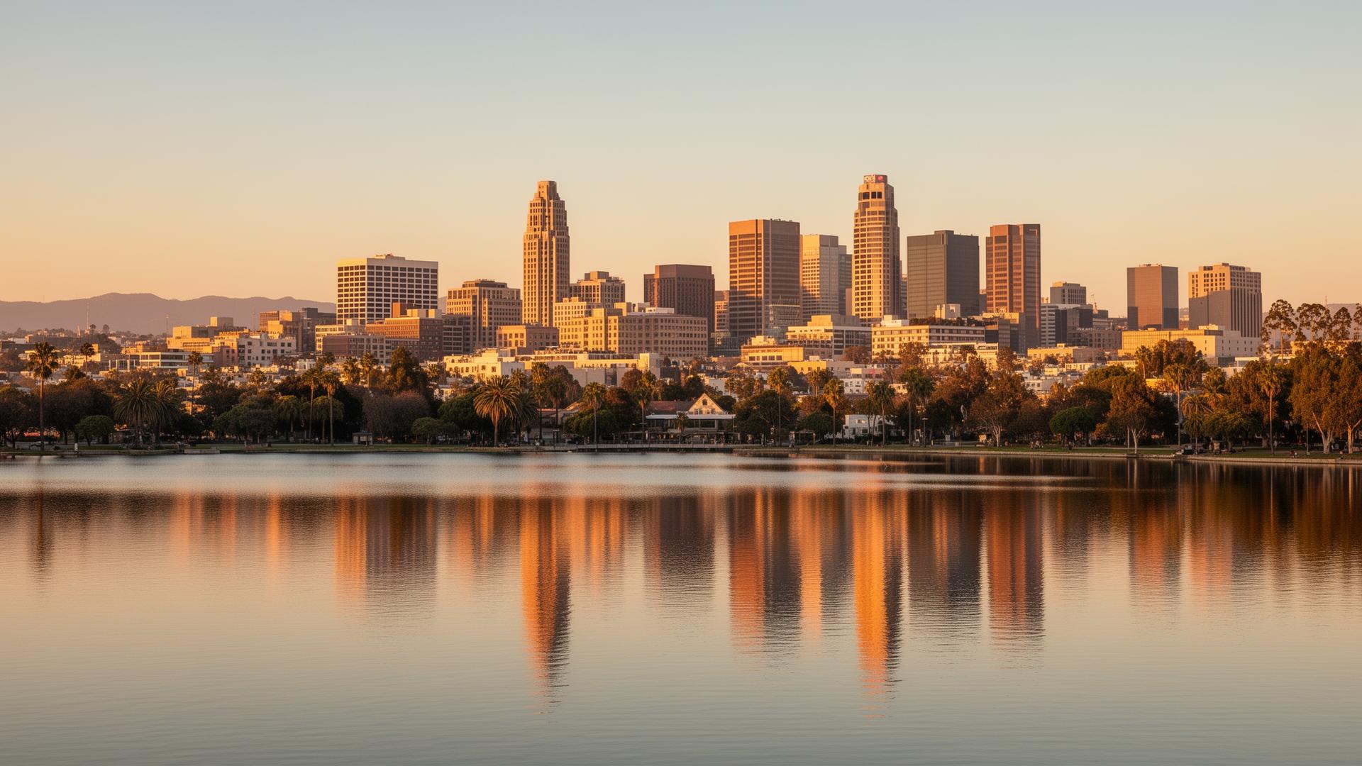 Oakland skyline at golden hour over Lake Merritt